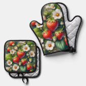 Vrolijke Strawberry Red Berry Ovenwant & Pannenlap Set (Voorkant / Achterkant)