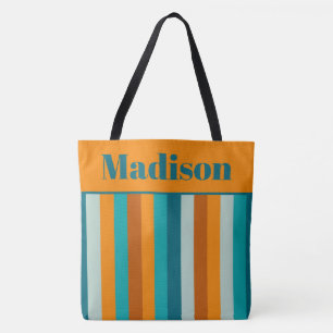 Vrolijke Stripe Patroon Sinaasappel Aqua gepersona Tote Bag