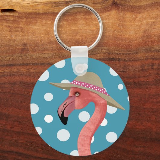 Vrolijke Summer Flamingo Blue Polka Dot Summer Pet Sleutelhanger (Voorkant)