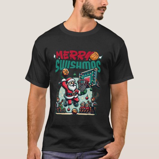 Vrolijke Swishmas Kerstmis Basketbal Grappig T-shirt (Voorkant)