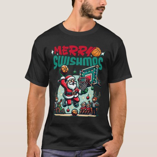 Vrolijke Swishmas Kerstmis Basketbal Grappig T-shirt (Voorkant)