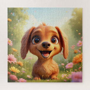Vrolijke Tekenfilm Hond in een Bloemenveld Legpuzzel