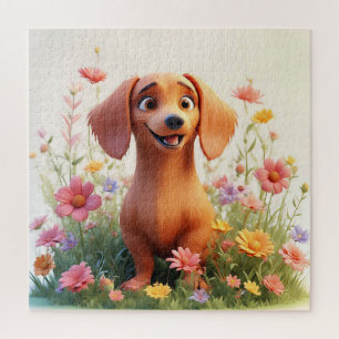 Vrolijke Tekenfilm Hond in een Bloemenveld Legpuzzel