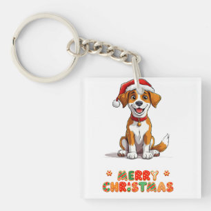 Vrolijke Tekenfilm Hond met een Kerstman Hoed Sleutelhanger
