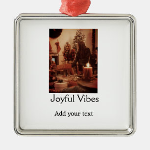 Vrolijke trillingen voeg familie kerst foto naam v metalen ornament