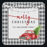 Vrolijke  Truck and Tree Christmas Vierkante Sticker<br><div class="desc">Merry Truck and Tree Christmas Square Sticker - Wat een leuke manier om je vrienden en familie een vrolijk kerstfeest te wensen dit vakantieseizoen. Sticker is voorzien van een rode truck met een vers gesneden kerstboom met script typografie. Sticker is omlijst in zwart-wit buffalo plaid. Onze sjabloon maakt het zo...</div>