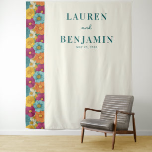 Vrolijke Turquoise Bloemrand Wandkleed