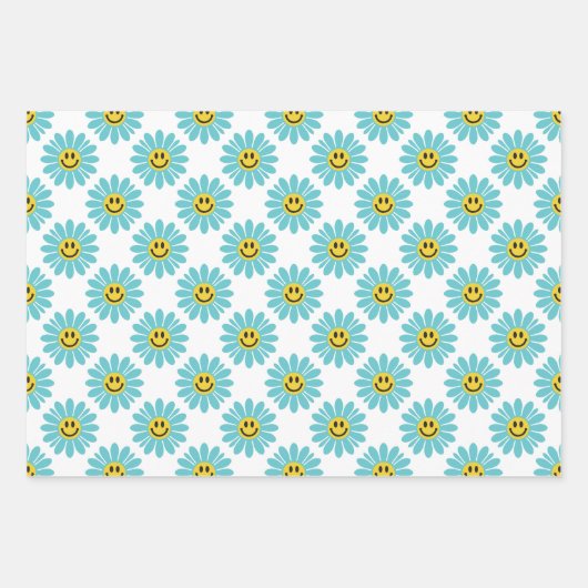 Vrolijke Turquoise Daisy Floral Stripes Polka Dot Inpakpapier Vel (Voorkant)