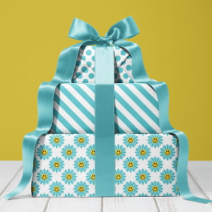 Vrolijke Turquoise Madeliefje Bloem Strepen Stippe Inpakpapier Vel