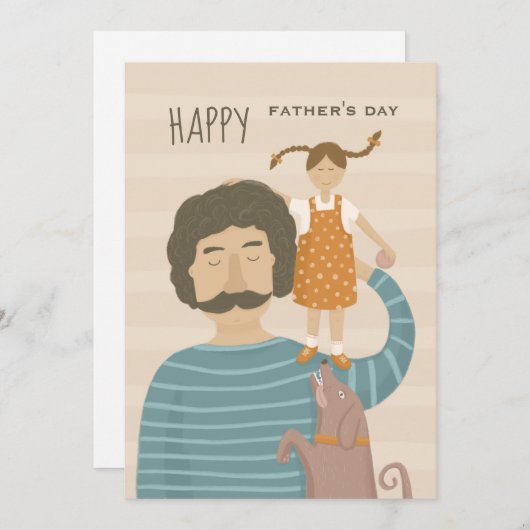 Vrolijke vaders dag. Pap dochter en grappige hond (Voorkant / Achterkant)