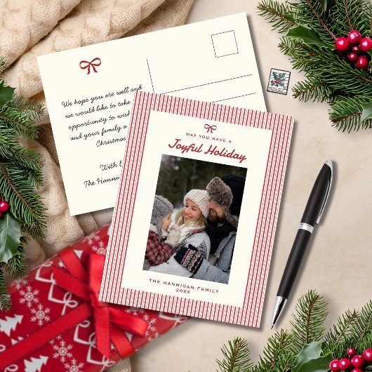 Vrolijke vakantie Red Bow One Family Foto Feestdagenkaart