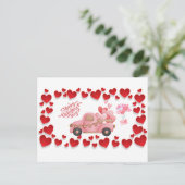 Vrolijke Valentijnsdag Harten en Roze Vintage Auto Feestdagenkaart (Staand voorkant)
