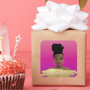 Vrolijke verjaardag! Black Woman met Gold Shades M Vierkante Sticker