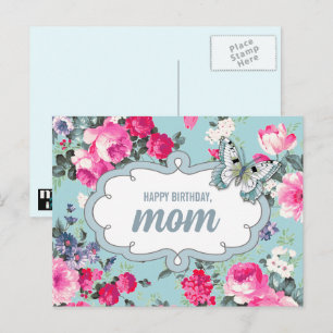 Vrolijke verjaardag, mam. Bloemen en vlinder Briefkaart