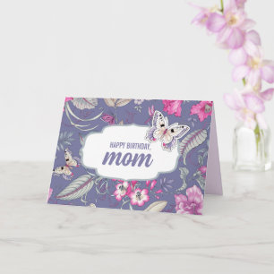 Vrolijke verjaardag, mam. Bloemen en vlinder Kaart