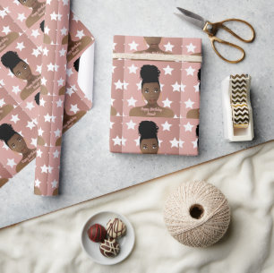 Vrolijke verjaardag! Zwarte vrouw, witte sterren,  Cadeaupapier