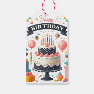 Vrolijke Verjaardagsfeest Taart & Ballonnen Cadeaulabel