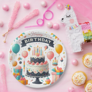 Vrolijke Verjaardagsfeest Taart & Ballonnen Papieren Bordje