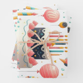 Vrolijke verjaardagsfeest taart en ballonnen inpakpapier vel (In situ)