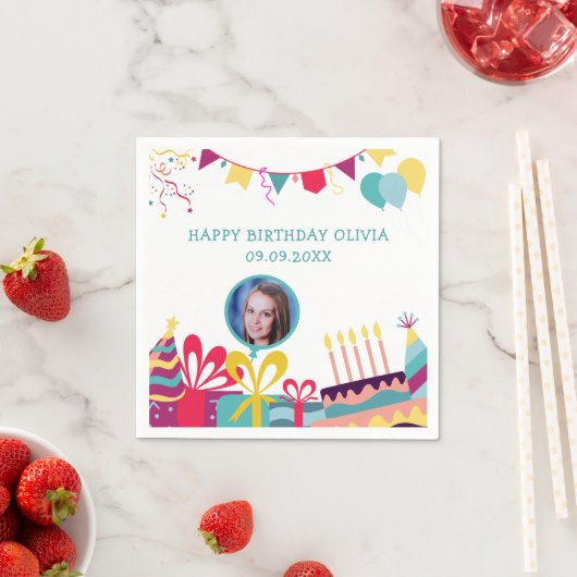 Vrolijke verjaardagsfeestje aangepaste foto tekst servet (Insitu)