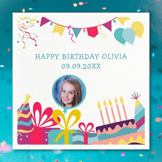 Vrolijke verjaardagsfeestje aangepaste foto tekst servet