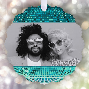 Vrolijke Vibes Retro Disco Ball Foto Kerstmis Ornament Kaart