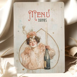Vrolijke viering Art Nouveau Menu & Drinken Kaart<br><div class="desc">Verhoog uw bruiloft of speciale gebeurtenis met dit grillige Art Nouveau-geïnspireerde menu en drinken kaart. Met een elegante vrouw versierd in een perzikkleurige jurk en een bloemhoofddeksel, met een champagnefles, straalt het ontwerp charme en feest uit. De delicate waterverf-achtige achtergrond met spatten champagnegoud voegt sophisticatie toe, terwijl de vrolijke expressie...</div>