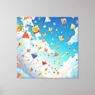 Vrolijke vliegers stijgen hoog op canvas afdruk
