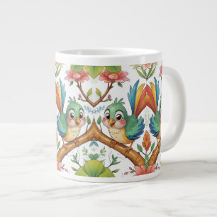 Vrolijke vogel tussen de bloesems grote koffiekop