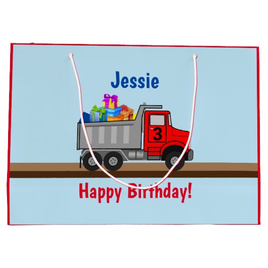 Vrolijke vrachtwagenlading van cadeauboeien Naam L Groot Cadeauzakje (Achterkant)