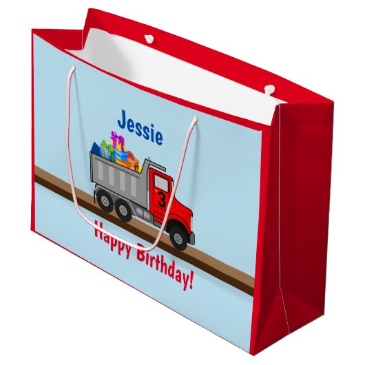 Vrolijke vrachtwagenlading van cadeauboeien Naam L Groot Cadeauzakje (Voorkant Gekanteld)