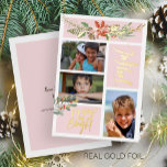 Vrolijke vrolijke en heldere kerstfoto blush goud folie feestdagenkaart<br><div class="desc">Moderne trendy blush roze 3 foto collage luxe gouden folie vakantie kaart met een kerst seizoensgebonden waterverf bloemen boeket met een rode baksteen terracotta poinsettia bloem, een speldenknop, salie jager groene sparren boughs, rode bessen, en gebladerte met "Joyful" "Merry and Bright" trendy kalligrafie handgeschreven script. Personaliseer het met drie van...</div>