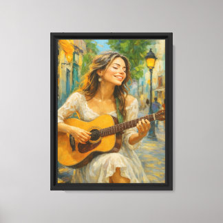 Vrolijke vrouw die gitaar speelt in zonnige straat canvas afdruk