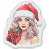 Vrolijke Vrouw In Santa Hat Met Gift Sticker (Voorkant)