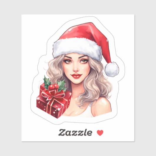 Vrolijke Vrouw In Santa Hat Met Gift Sticker (Vel)