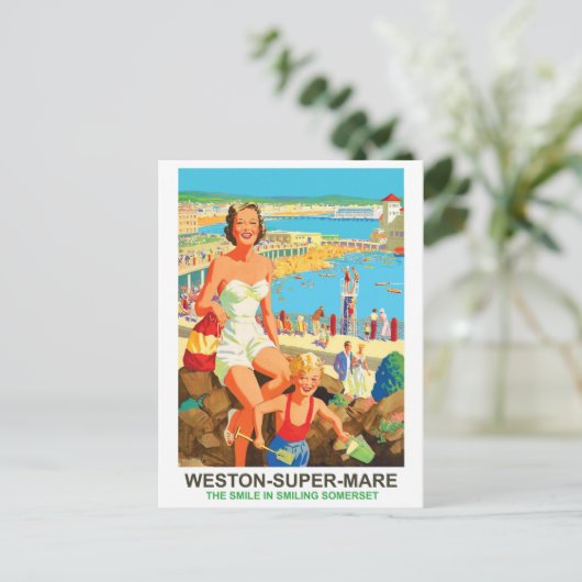 Vrolijke vrouw op Weston Super Mare Briefkaart (Staand voorkant)