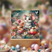 Vrolijke Waterverf Muis Bloemen Pasen Tea Party Feestdagenkaart