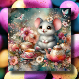 Vrolijke Waterverf Muis Bloemen Pasen Tea Party Feestdagenkaart