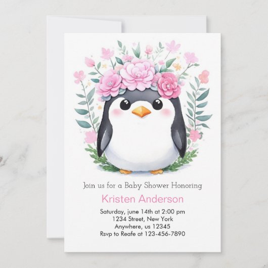 Vrolijke Waterverf Penguin Meisje Baby shower Kaart (Voorkant)
