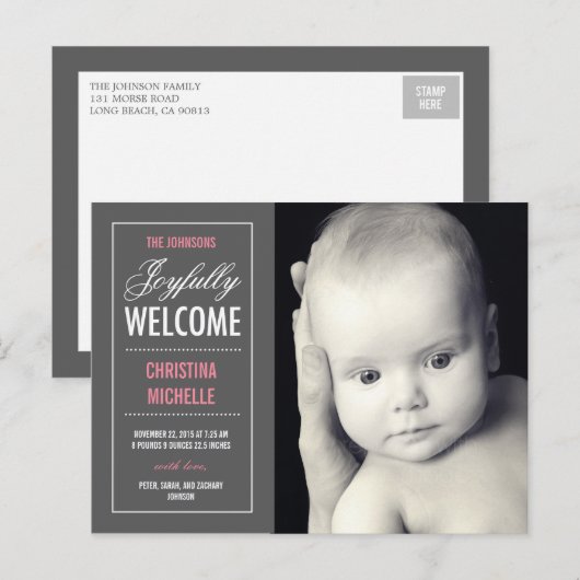 Vrolijke welkomstaankondiging aankondigingskaart (Voorkant / Achterkant)