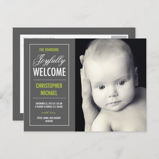 Vrolijke welkomstaankondiging aankondigingskaart (Voorkant / Achterkant)