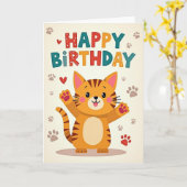 Vrolijke Whimsical Kat Kaart (Gele Bloem)