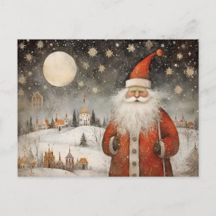Vrolijke Whimsical Kerstman in een Besneeuwd Dorp Briefkaart