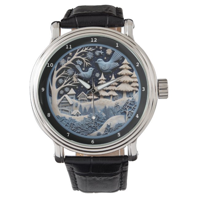 Vrolijke Winter Vakantie Vogels in Bos Horloge (Voorkant)