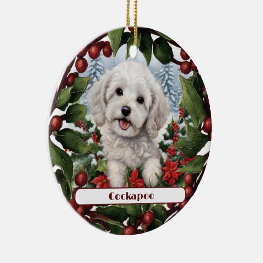 Vrolijke witte Cockapoo Puppy Custom Kerstmis Keramisch Ornament (Rechts)
