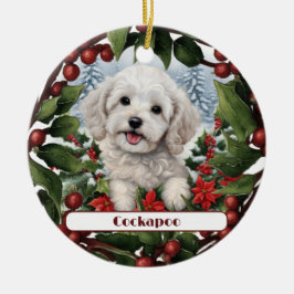 Vrolijke witte Cockapoo Puppy Custom Kerstmis Keramisch Ornament
