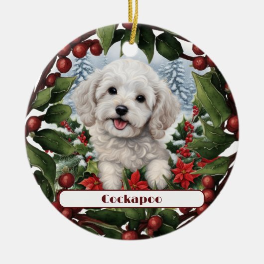 Vrolijke witte Cockapoo Puppy Custom Kerstmis Keramisch Ornament (Voorkant)