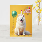 Vrolijke Witte Hond Hoed Kaart (Gele Bloem)