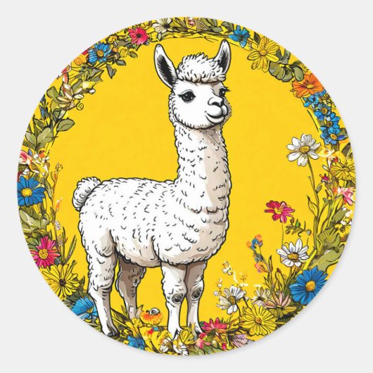 Vrolijke witte lama ronde sticker (Voorkant)