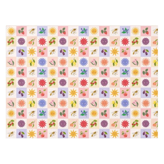 Vrolijke zomer fruit en zonnen bijen raster patroo tafelkleed (Voorkant (Horizontaal))